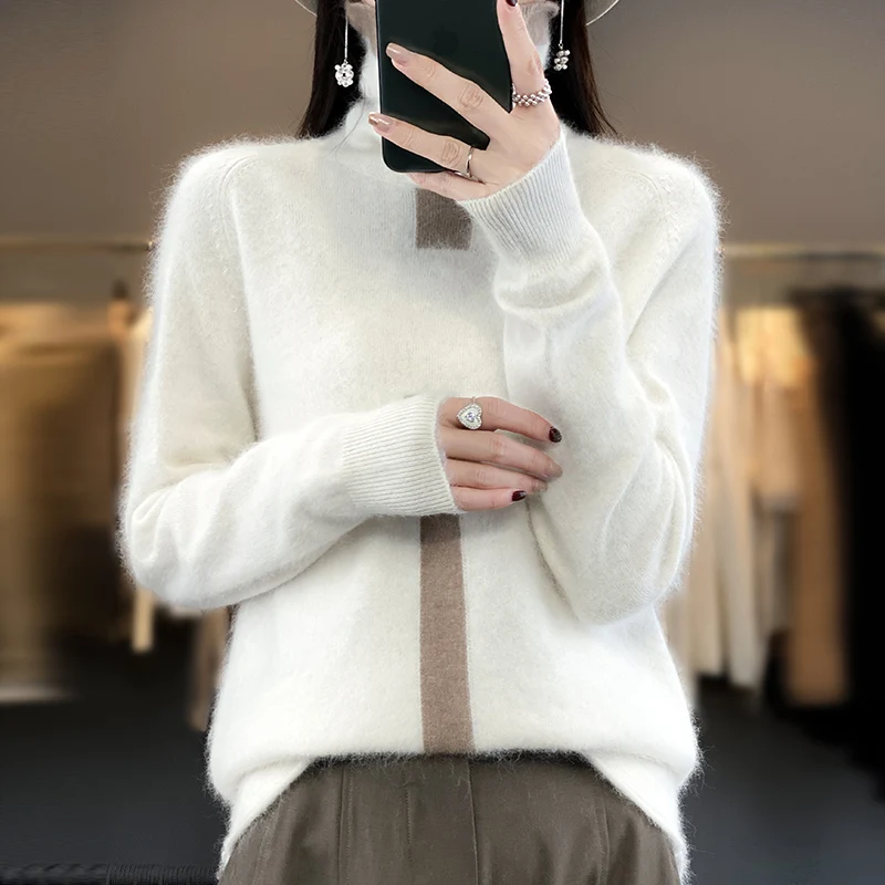 RONGYI 100% Mink Cashmere Women\'s Turtleneck Pullover Knitted Color Matching Fashion Casual Coat Autumn And Winter Hot Top