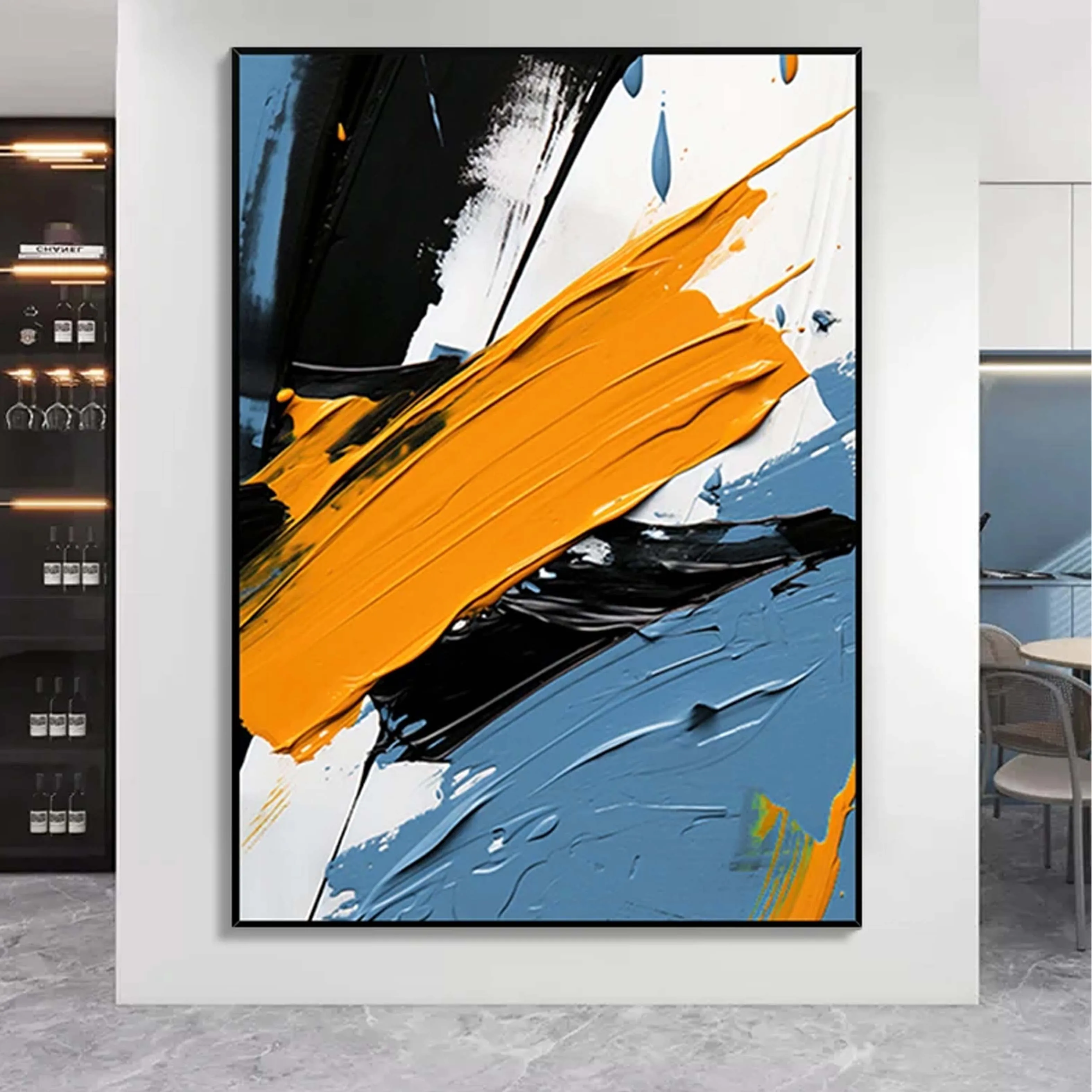 (No frame)Lienzo abstracto, pintura al óleo acrílica, Mural artístico de pared, moderno, creativo, negro, blanco, gris, azul,