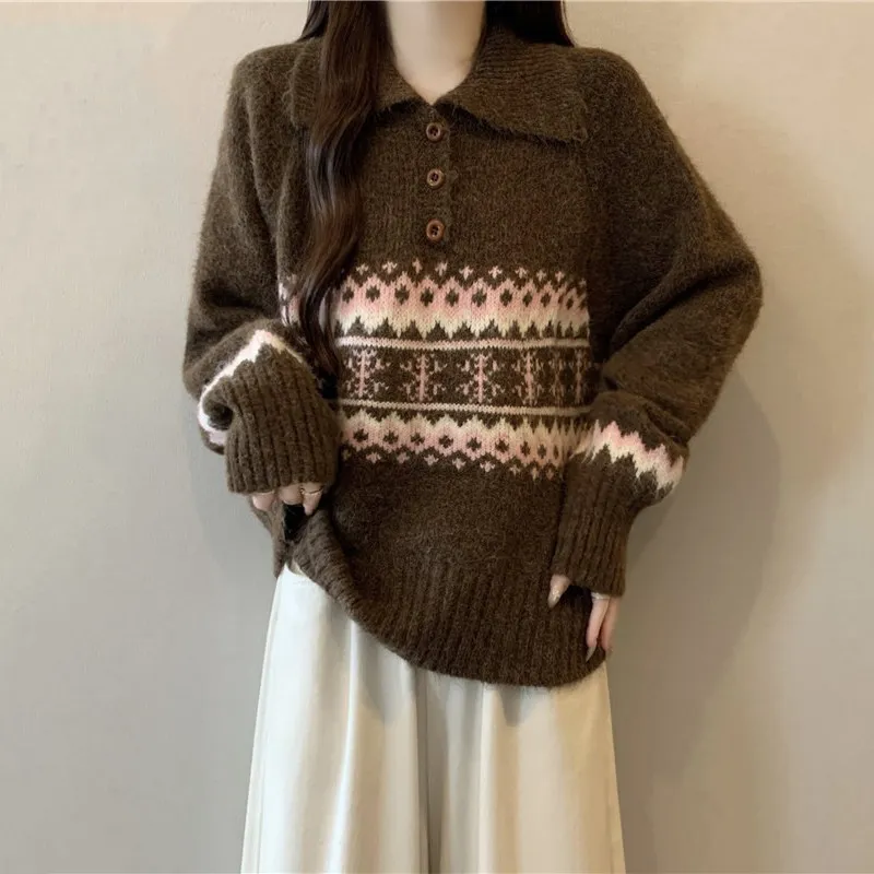 Fall New Style Women's  Collar Knitted Sweater plus Size Big MM Cashmere Loose Fit Long Sleeve Cardigan Fashionable Commu...