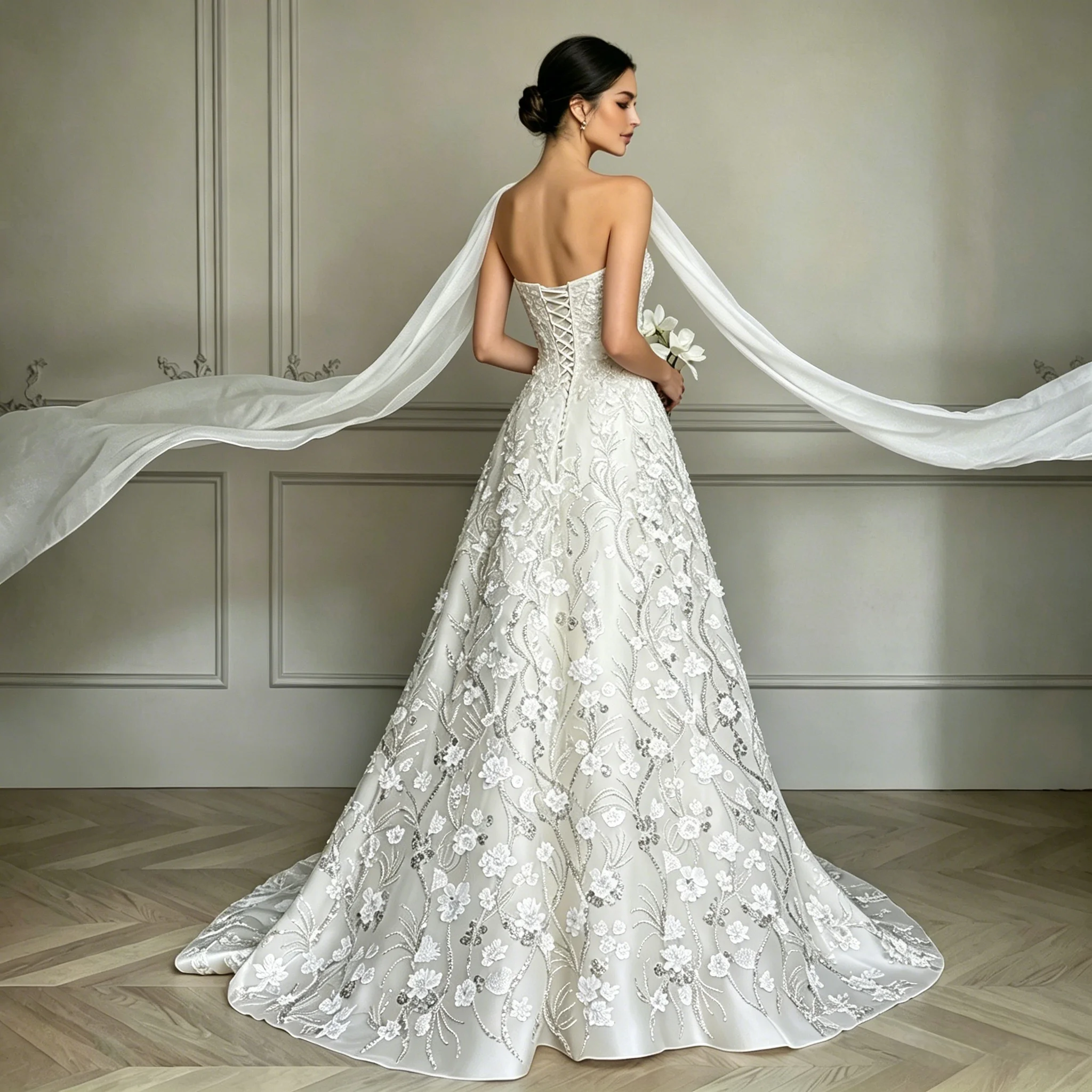 Customizable Luxury Wedding Dress Heavy-Duty Ddesigner With Lace Beading Sequins Strapless A Line Sweep Train Bride Bridal Gowns