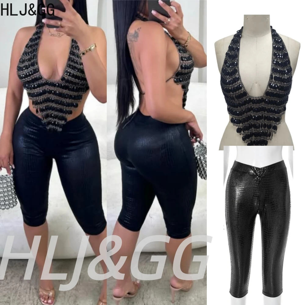 

HLJ&GG Черный сексуальный полый металлический топ со стразами, комплект из двух предметов, женский укороченный жилет с лямкой на шее и открытой спиной на шнуровке и брюки, клубная одежда, уличная одежда