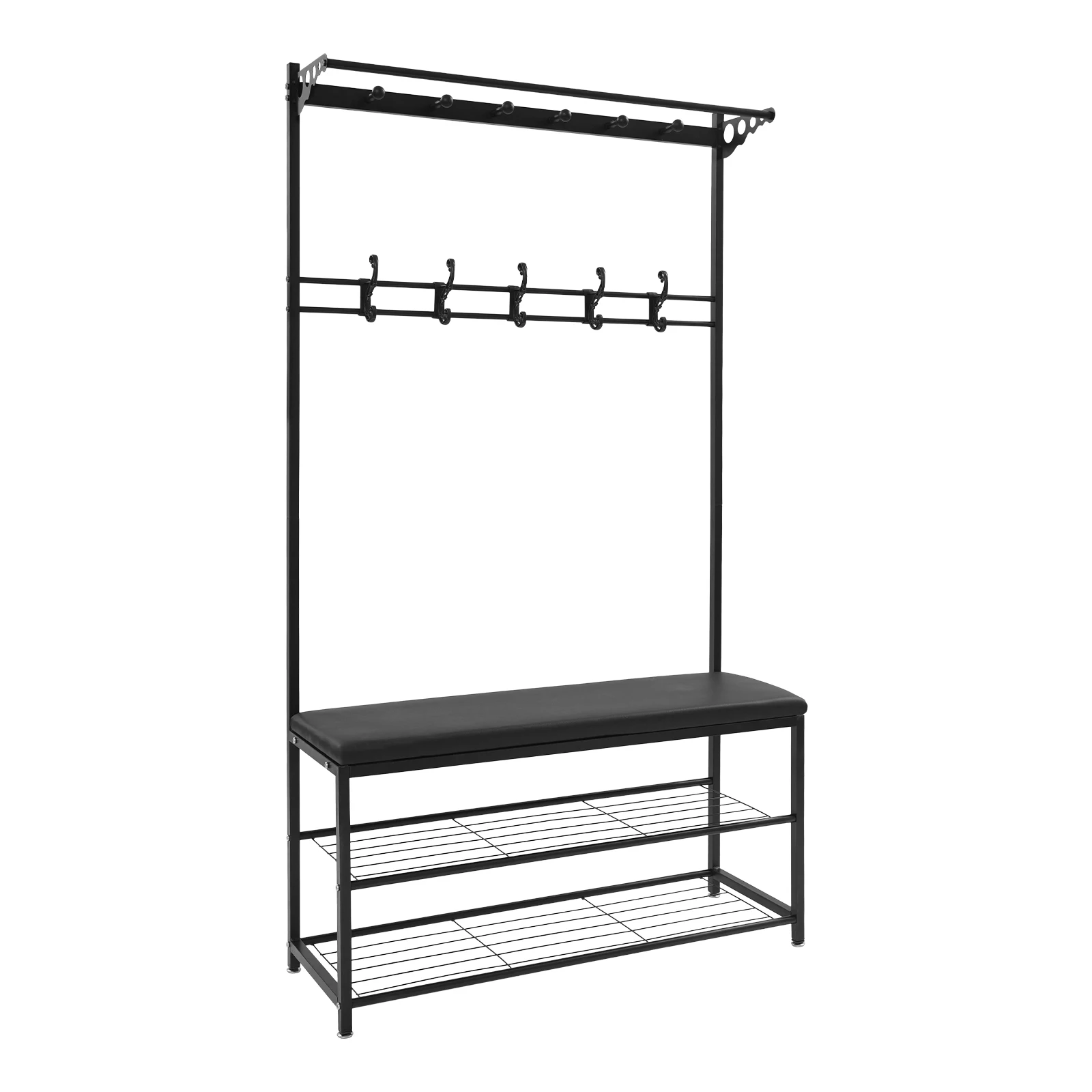 Vrijstaande kapstokstandaard en schoenenrek met bank van 100 cm |   Opbergbank voor schoenen met 2 planken |   Zwart/Blauw/Grijs/Roze