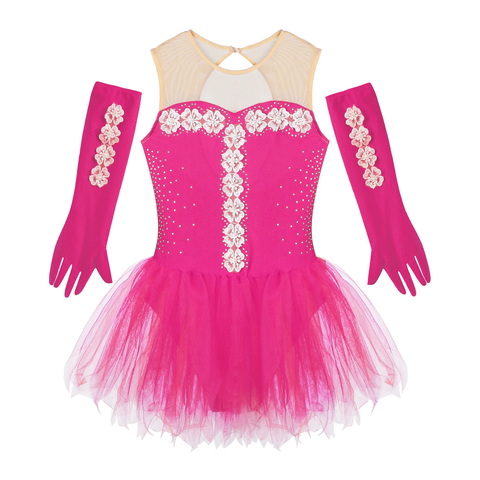 Teen Girls Figure Skating Dress Ballet Dance Rhythmic Gymnastics Leotard Dresses Sleeveless Shiny Rhinestone Mesh Tutu with G