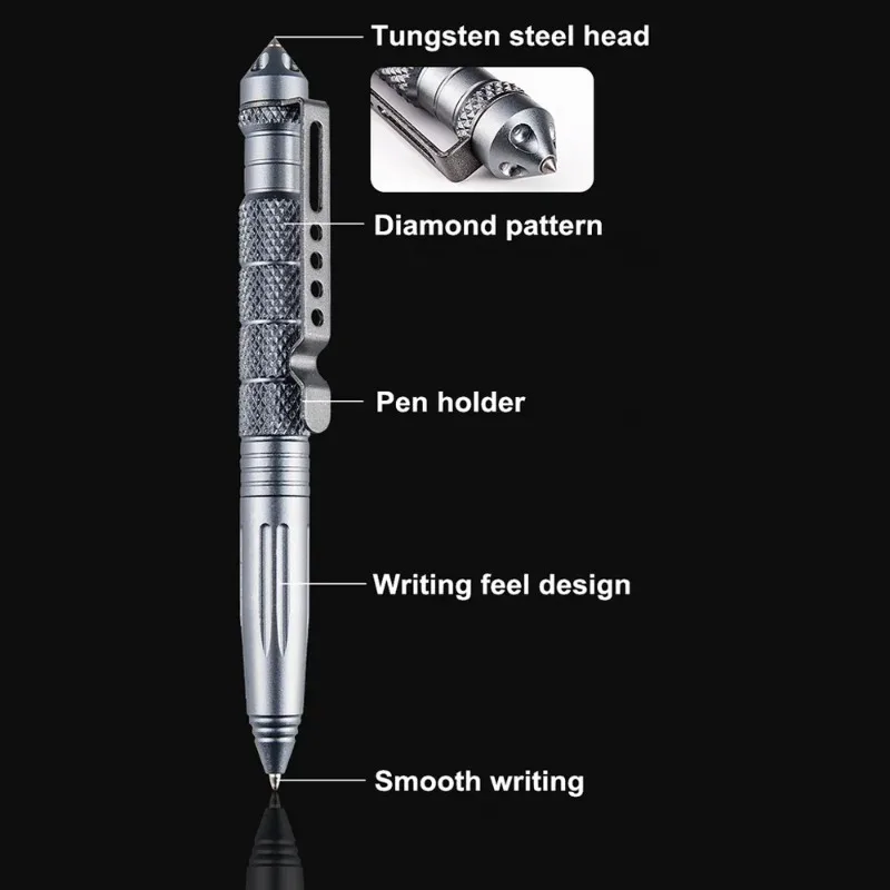 Caneta tática militar multifuncional, caneta esferográfica de escritório para estudantes e escola, disjuntor de vidro de emergência de metal, suprimentos edc de autodefesa