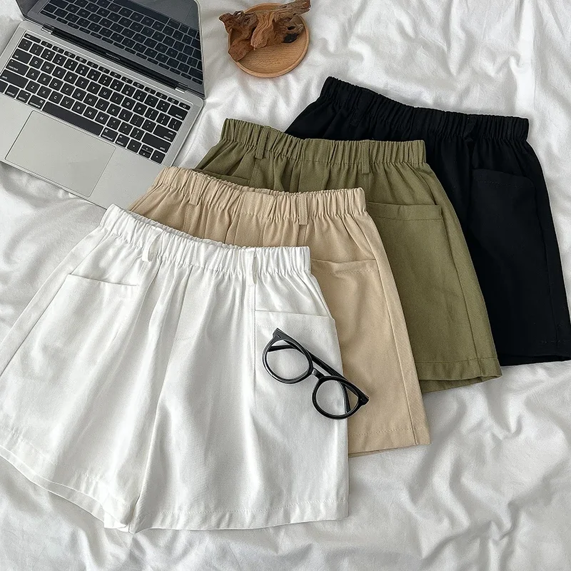 High Waist Wide Leg Plus Size Short Pants Women's Summer Elastic Waist Casual Sports Shorts Korean Style Solid Color Half Pants