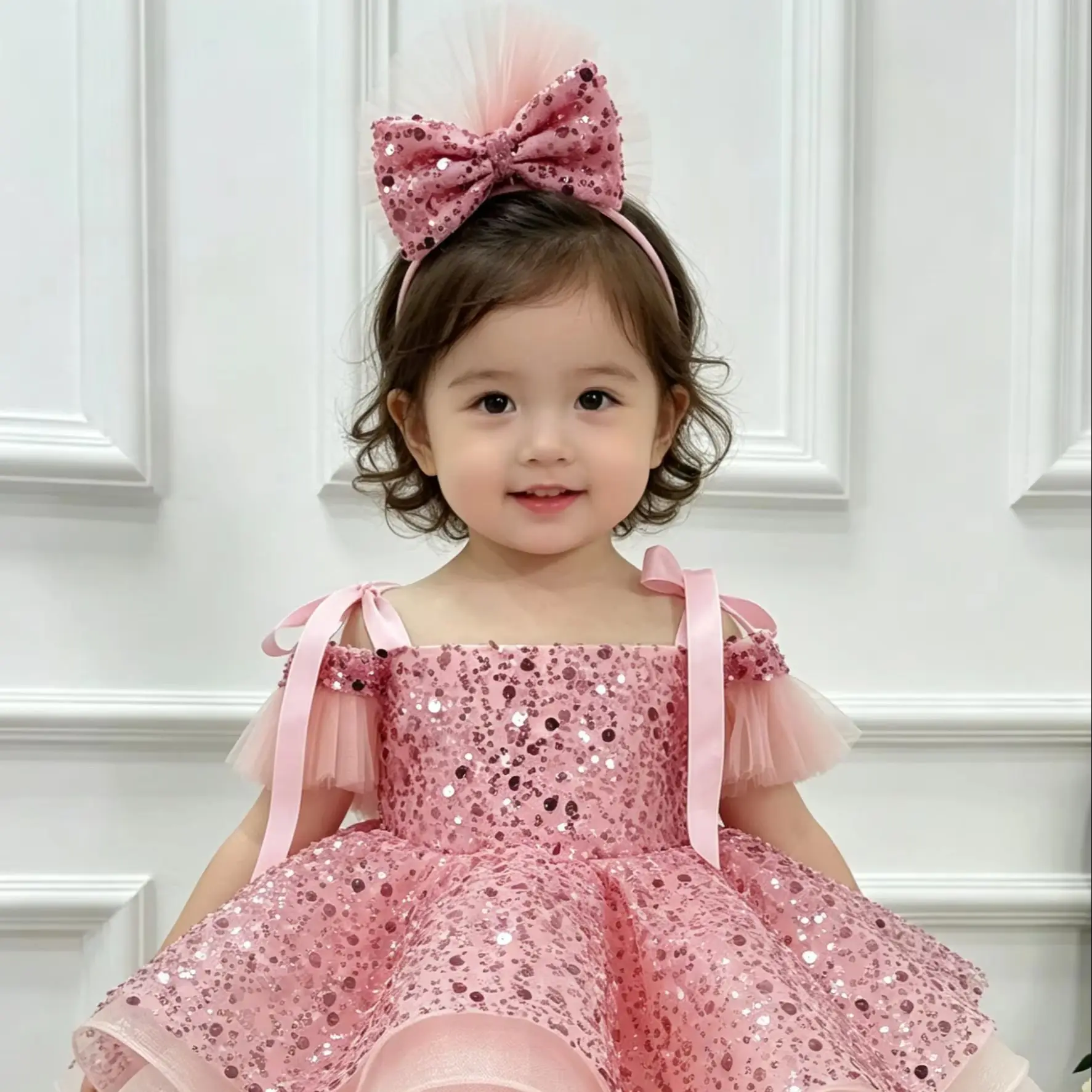 Elegant Flower Girl Dresses For Wedding Short Sleeves Sequins Kids Party Birthday Dress First Communion Ball Gown Custom