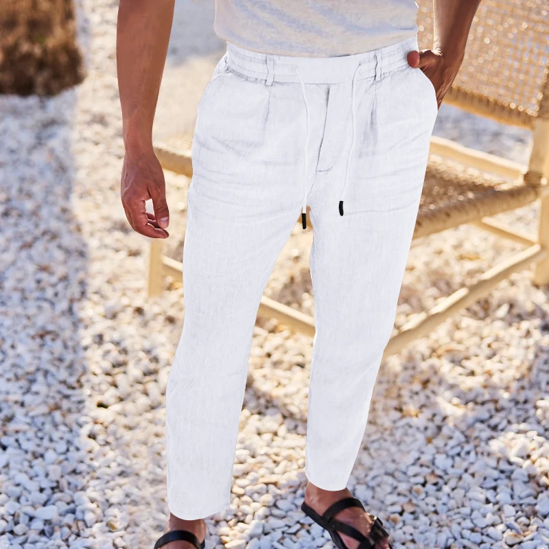 

2024 Spring Summer Men's New Thin Pants, Beach Men's Fashion Large Size Solid Color Casual Drawstring Cotton Hemp Loose Pants