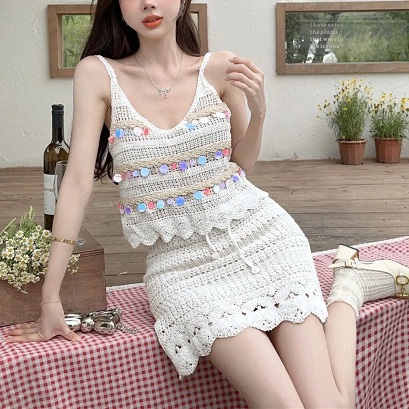 Bohemian Style Women Dress Sets Holiday Hollow Out Sleeveless Summer Harajuku Breathable Prevalent Vitality American Drawstring