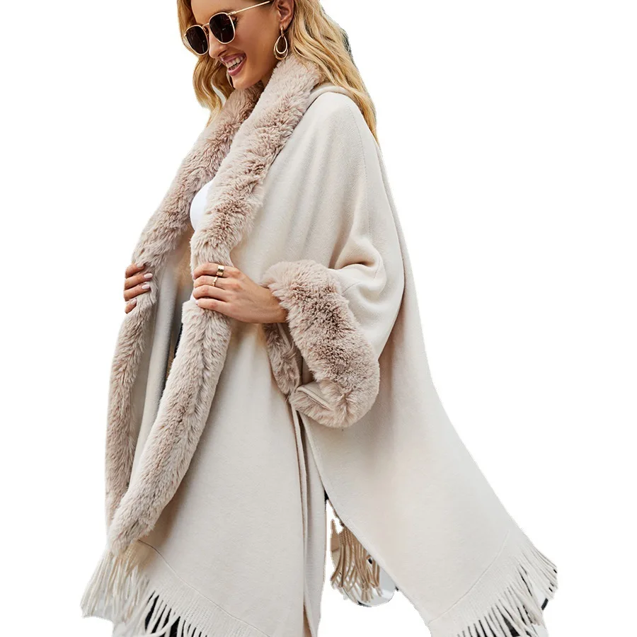 Fast Delivery Faux Fur Coat Tassel Cape Hooded Poncho Knitting Loose Plus Size Women\'s Winter Coats Shawl Fashion Solid Color