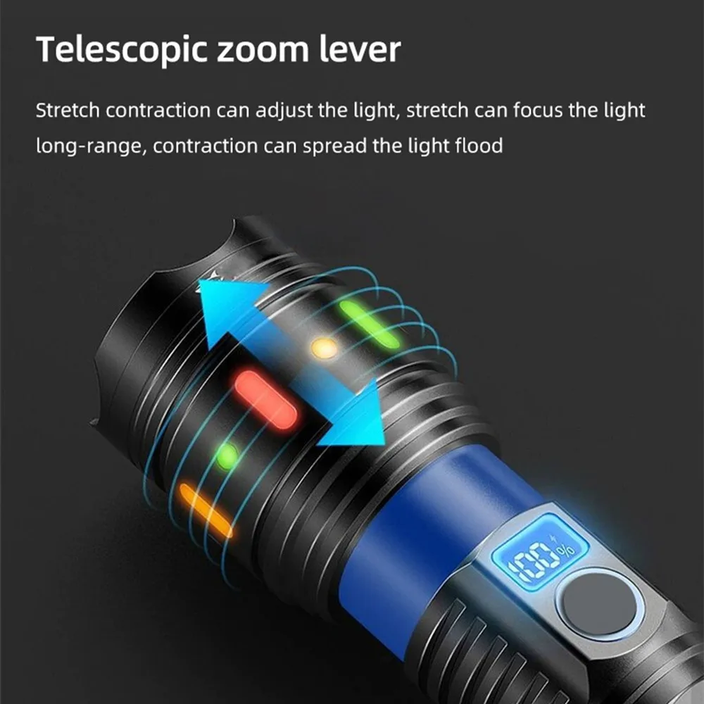 Powerful Spotlight Long Range LED Flashlight With Fluorescent Strips Zoomable Lamp Built-in High Capacity Battery For Camping