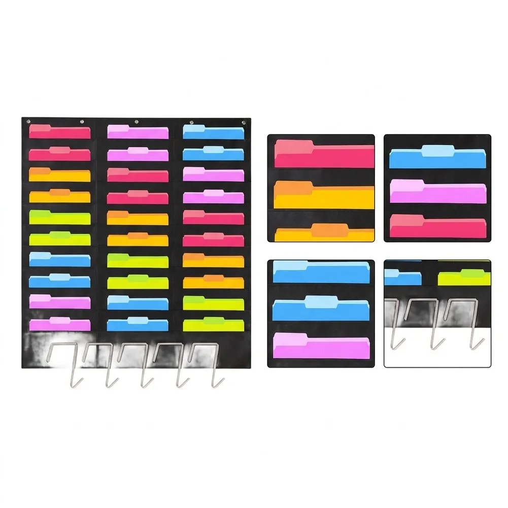 30 Pocket For A4 Document Organizer Wall Hanging Storage Bag for Office School Use Machine Washable Nylon Black 119x107cm