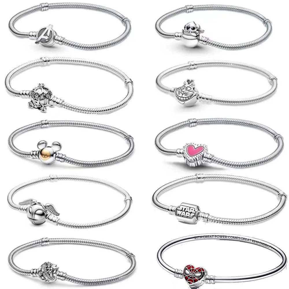 100% S925 sterling silver crown Mickey snake bone bracelet, suitable for Pandora bracelets, ladies' birthday jewelry gifts