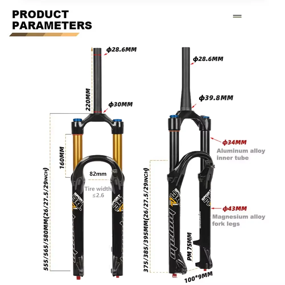 Mountain Bike Suspension Fork, Quick Release, Damping Air Fork, Bike Parts, Shock Absorber, Travel 160mm, 26 