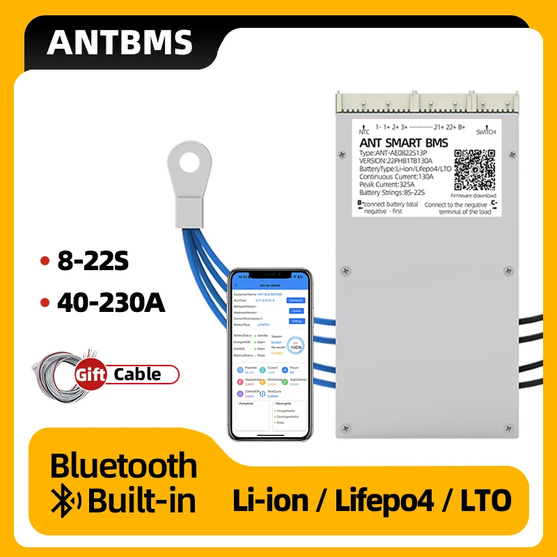 

ant smart bms 8S-22S 40A 80A 110A 130A 170A 230A 24V 36V 48V 60V 72V Lifepo4 li-ion LTO Battery Built-in BT Tape balancing