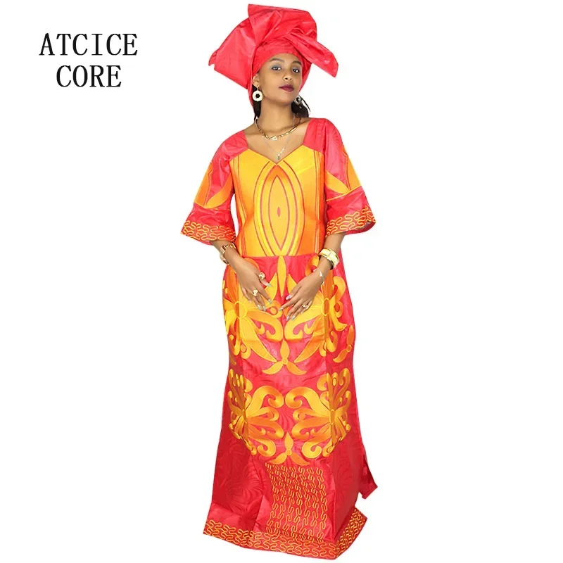 African Dress For Woman Bazin Riche Embroidery Design Floor Length Dress With Scarf