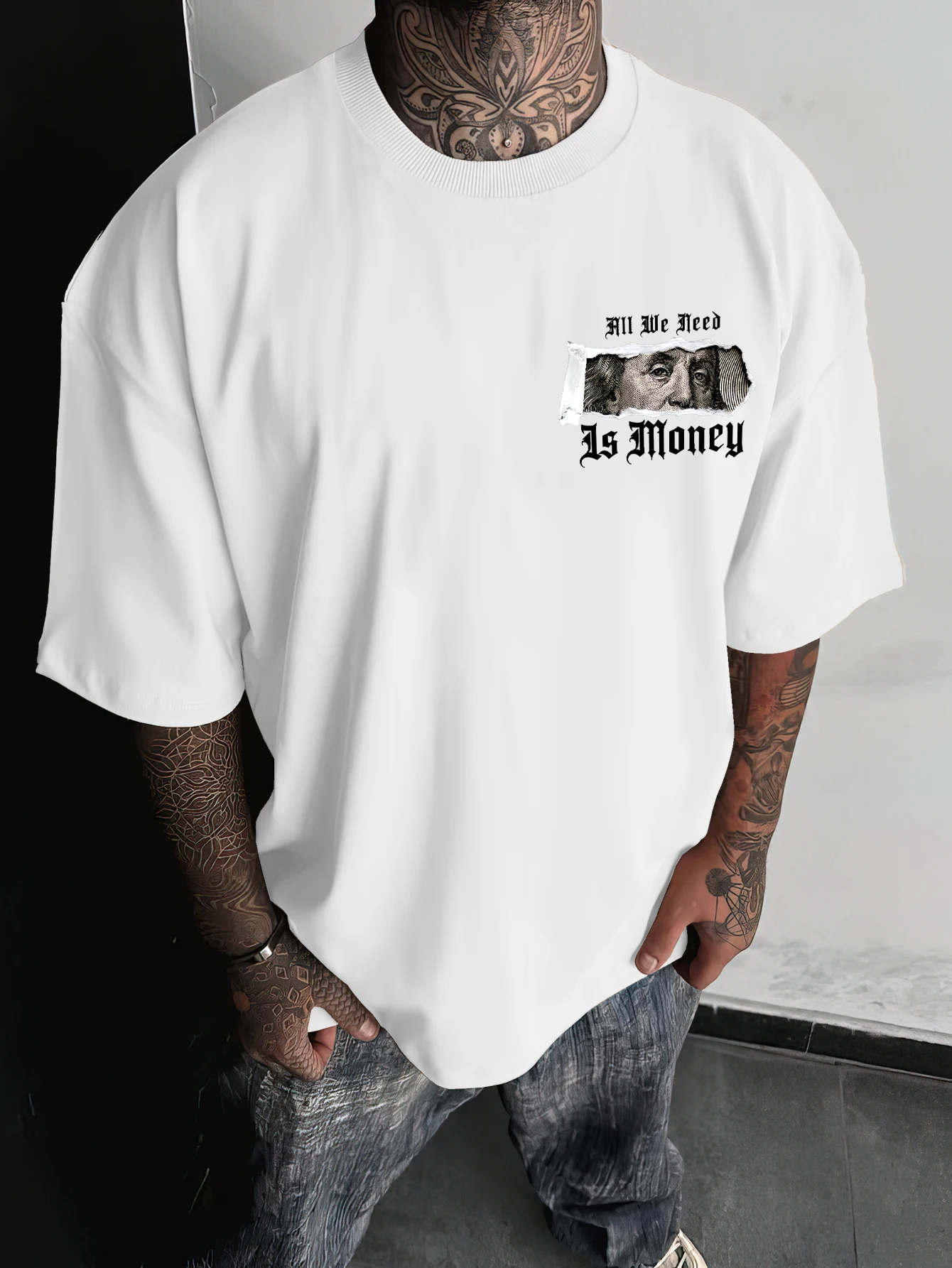 Men's Oversized Gothic Streetwear T-shirt Brand All We Need Is Money Franklin Dollar Torn Paper Graphic Print Loose Fit Cotton S