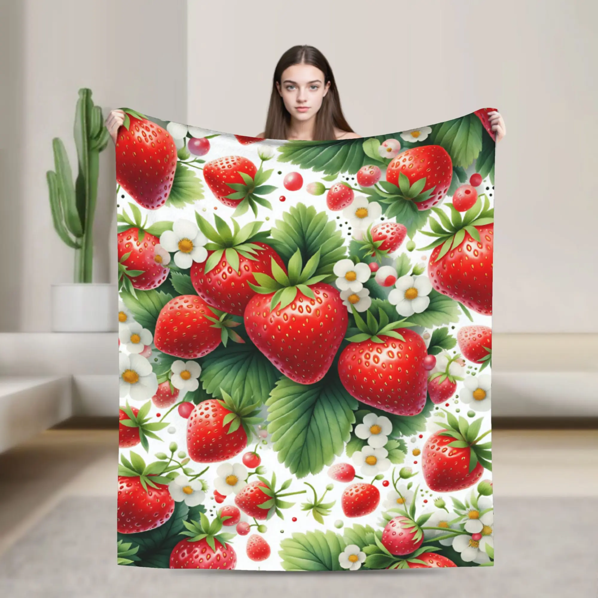 Strawberry Seamless Pattern White Flower Green Leaf Flannel Blankets Adults  Super Soft Throw Blanket Winter Bedspread Bed Cover