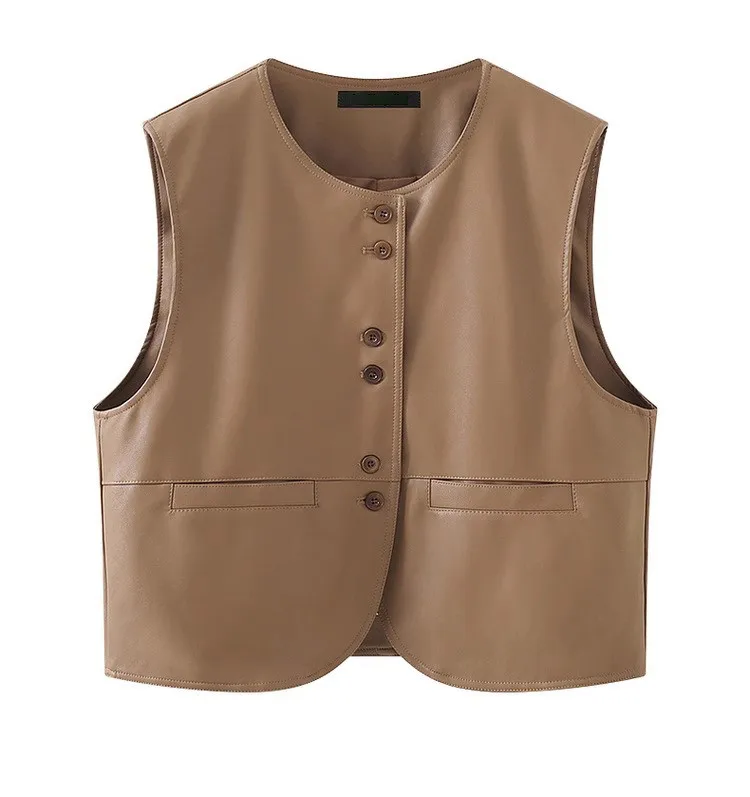 

O-Neck Single Bbreasted PU Leather Vest New Chinese Style Women's Fashion Casual Sleeveless Outerwear Soft PU Jacket Waistcoat