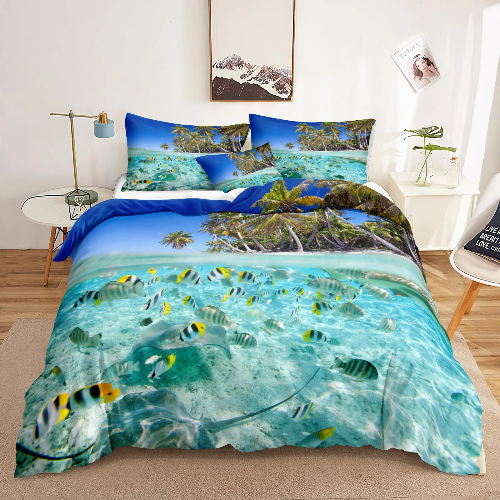 Coastal Beach Duvet Cover Set Ocean Bedding Set Palm Trees Tropical Fish Printed Home Decor Hawaiian Style Duvet Cover for Kids