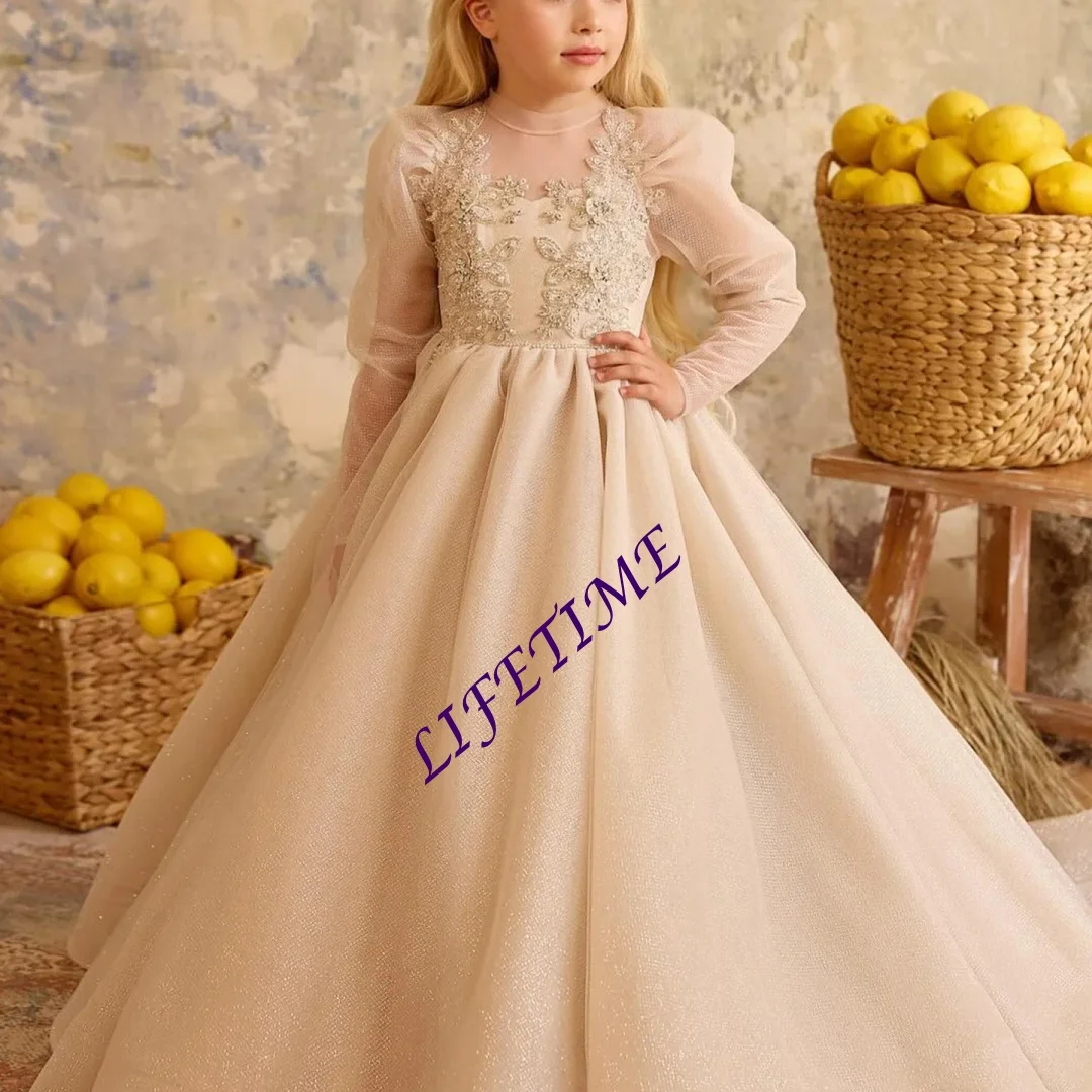 Customized Beige Sequin Flower Girl Dress Long Sleeve Embroidered Wedding Gown for First Christmas Party Formal Occasion Dress