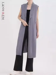 LANMREM Pleated Casual Long Vest For Women Lapel Sleeveless Single Breasted Solid Color High Stretch Coat 2024 Autumn New 2Z2822