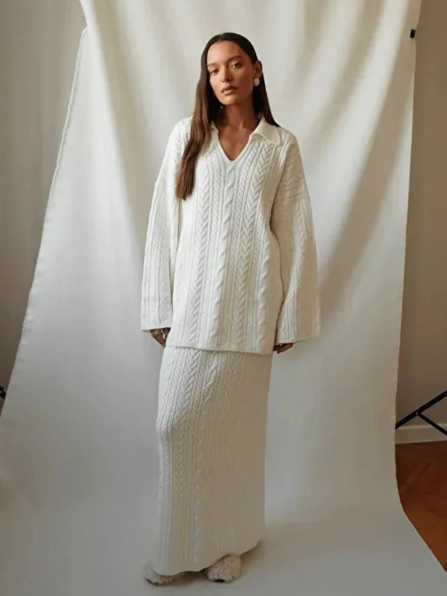 Blubelle Women's Knitted Two Piece Sweater Wide Leg Pants and Shawl Set Elegant and Comfortable Winter Knitted Matching Set