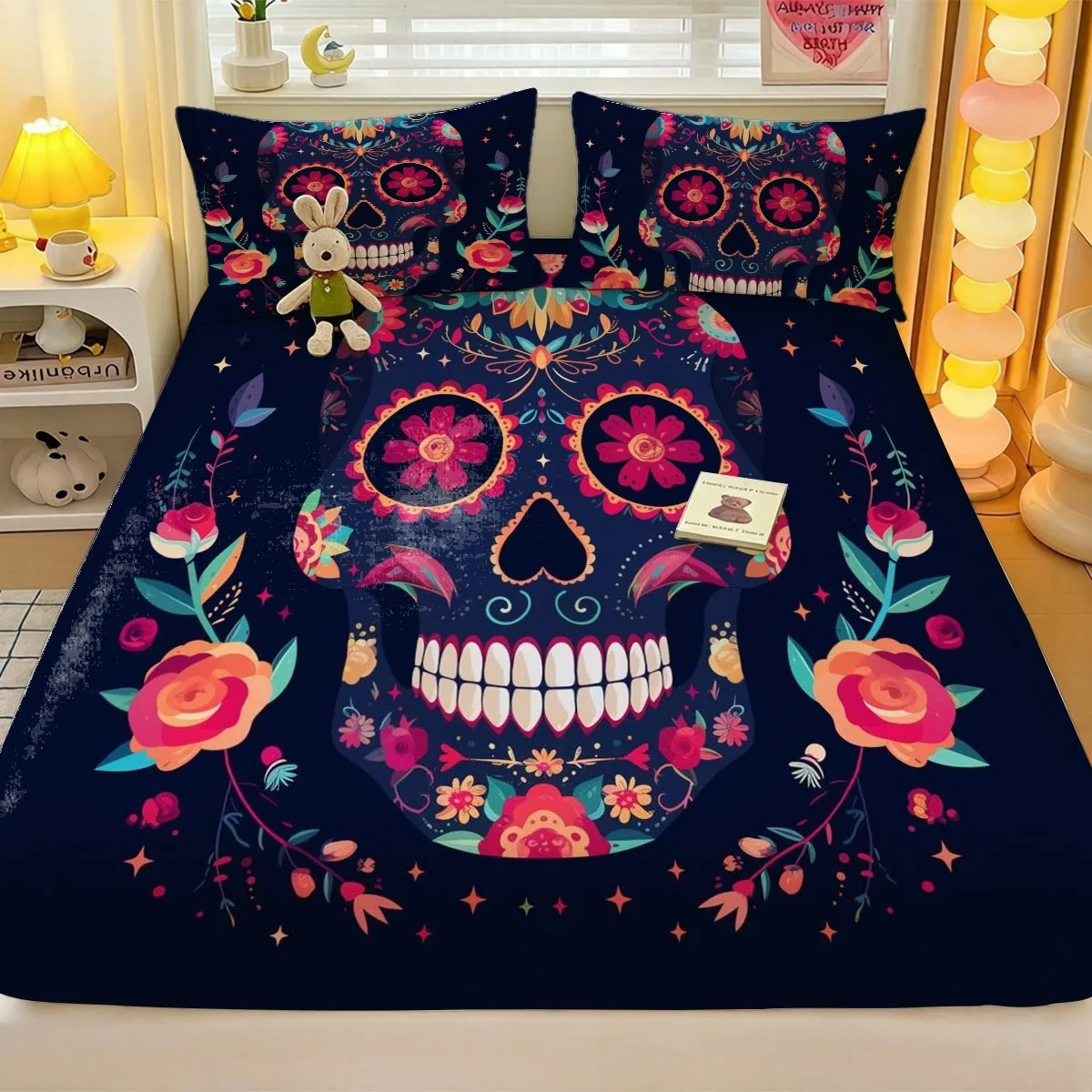3-Piece Colorful Sugar Skull Print Bed Sheet Set (Includes 1 Fitted Sheet + 2 Pillowcases) Mattress Protector, Fitted Sheet Style, Various Sizes Available, Day of the Dead Design, Holiday Gift, Fitted Sheet Mattress Protector, Themed Hotel Style Mattress Protector