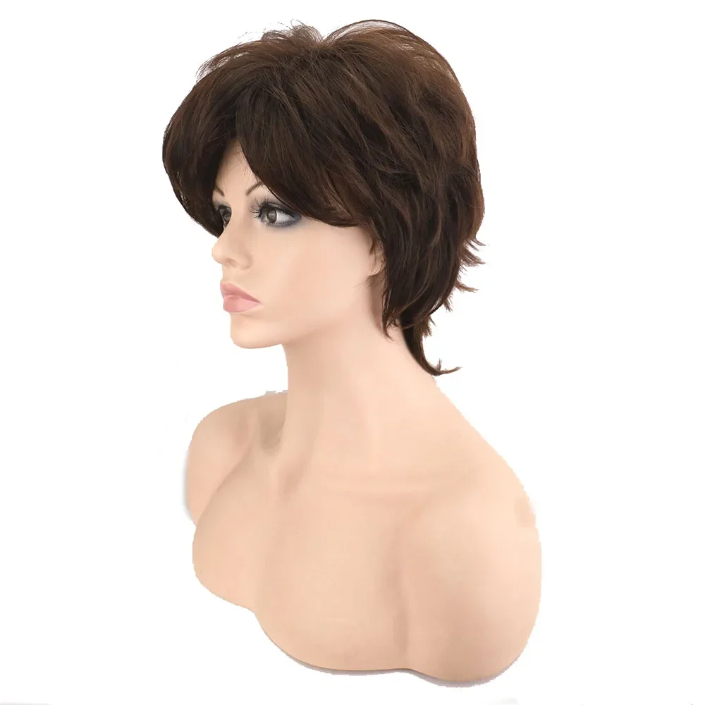 WHIMSICAL W Synthetic Women Mixed Brown Short Wigs Bangs Fluffy Layered Straight Mixed Color Heat Resistant Short Hair Wig
