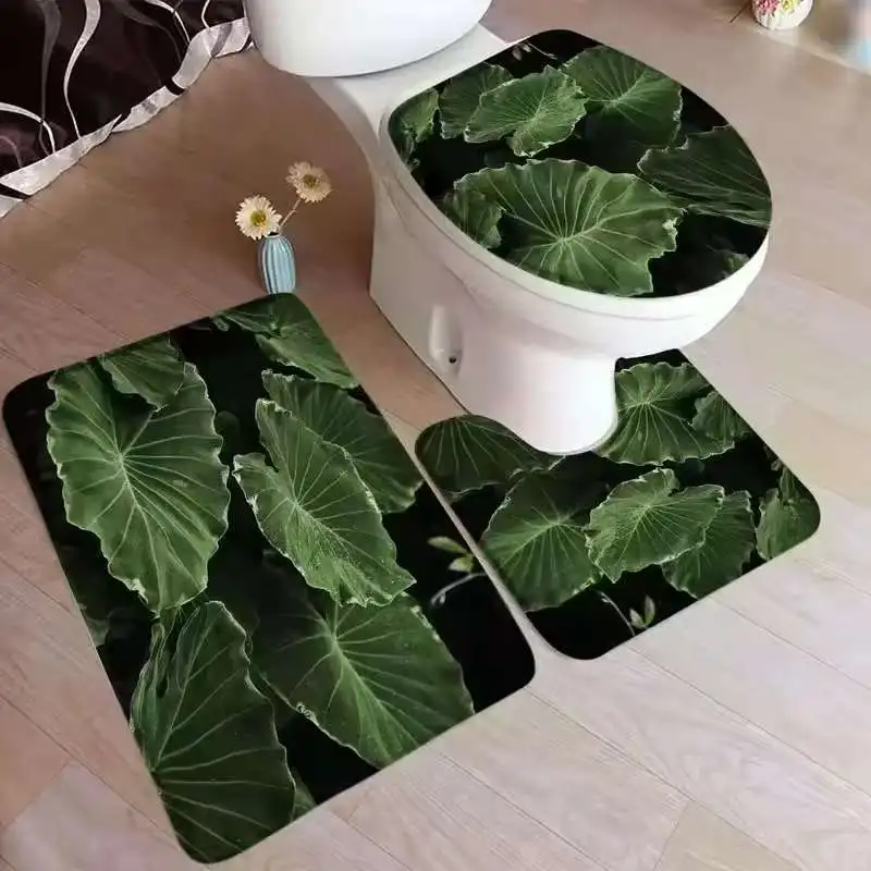 VIKAMA 3pcs Palm Leaf Monstera Green Plants Carpet Flannel Bathroom Floor Rugs Toilet Lid Cover Tropical Leaves Mat Home Decor