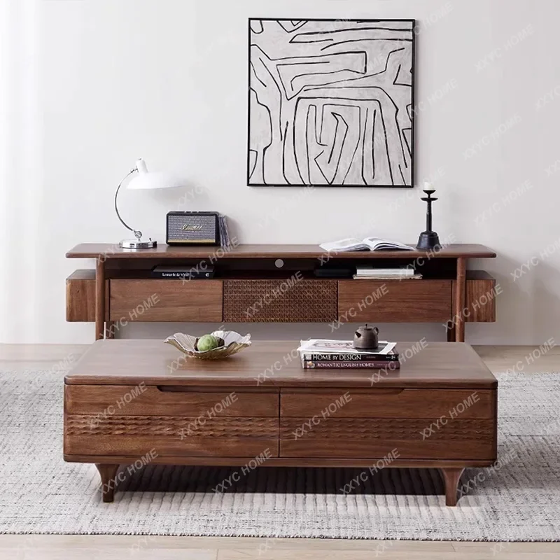

Walnut TV cabinet coffee table combination living room solid wood TV cabinet antique tea table