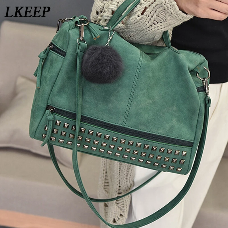 

Vintage PU Leather Women's Bag Rivet Larger Ladies Handbags Hair Ball Shoulder Bag Motorcycle Crossbody Bags For Women Messenger