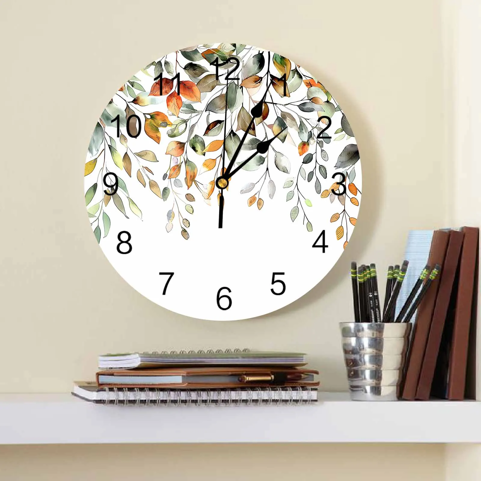 Autumn Eucalyptus Leaves Plant Wall Clock Large Modern Kitchen Dinning Round Wall Clocks Bedroom Silent Hanging Watch