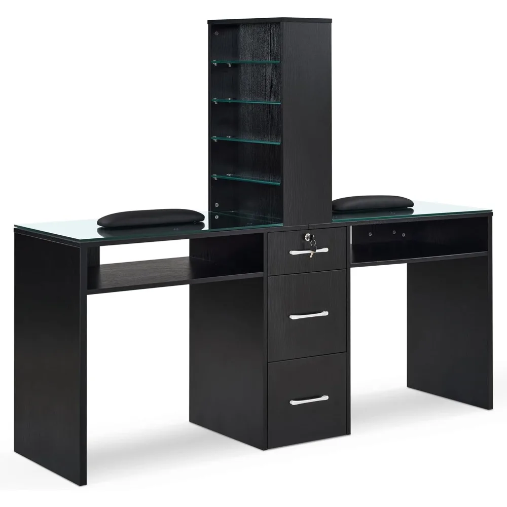 

Double Manicure Table for Storage, Beauty Nail Desk with Glass, Modern Nail Salon Makeup Station, Functional Manicure Workstati