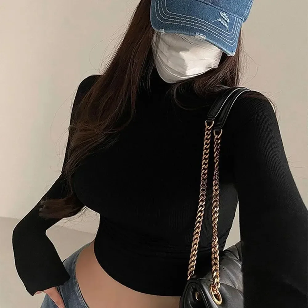 Womens Long Sleeve Turtleneck T Shirts Ribbed Tight Knit Sexy Slim Fitted Casual Women\'s Basic Crop Tops Cropped T-Shirt