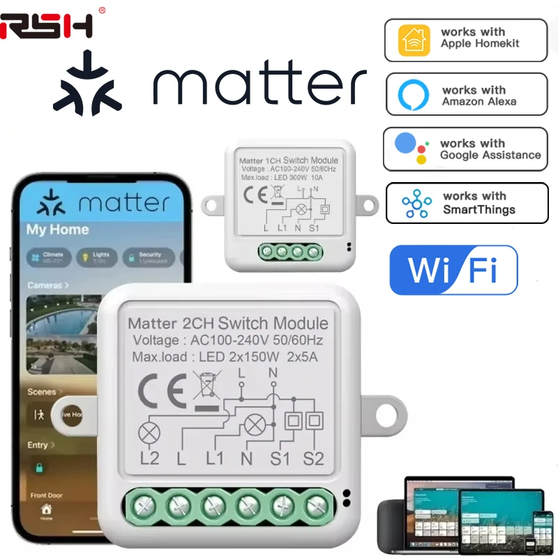 WiFi Matter Smart Switch Module Relay Circuit Breaker Smart Home Automation Collaborates with Homekit/Alexa/Google/SmartTings