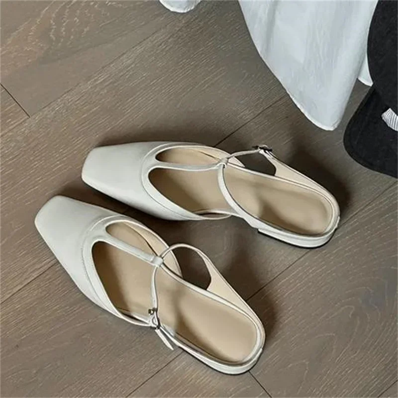 

Buckle Shoes For Lady Square Toe Female Mules Low Heels Front Strap Womens Sewing Lines Zapatos Mujer PU Leather Chassure Femme