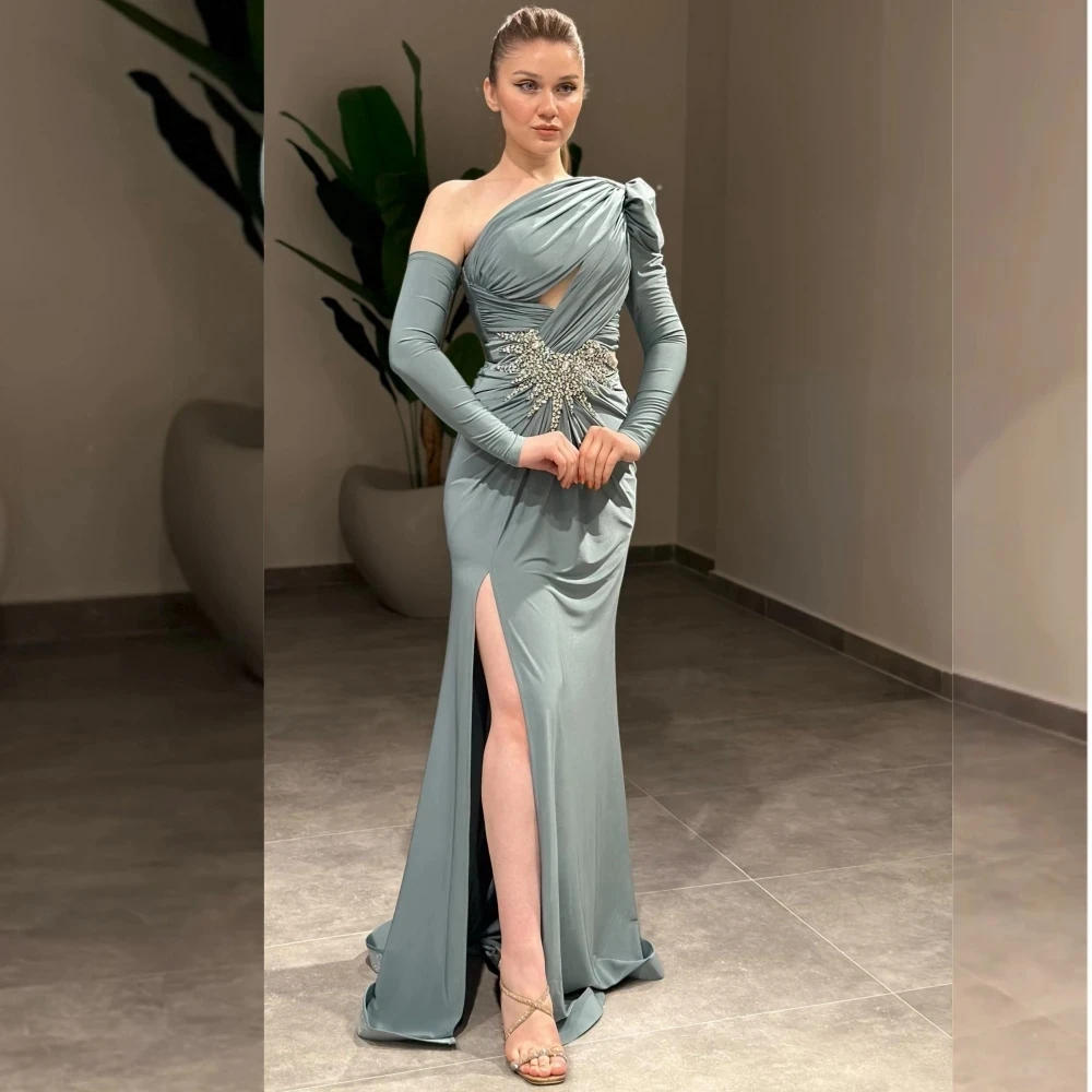 

Slit Beaded Long Sleeves Bespoke Occasion Gown Evening Dresses Pastrol Unisex Jersey Retro Dubai Saudi Arabic Prom Customized