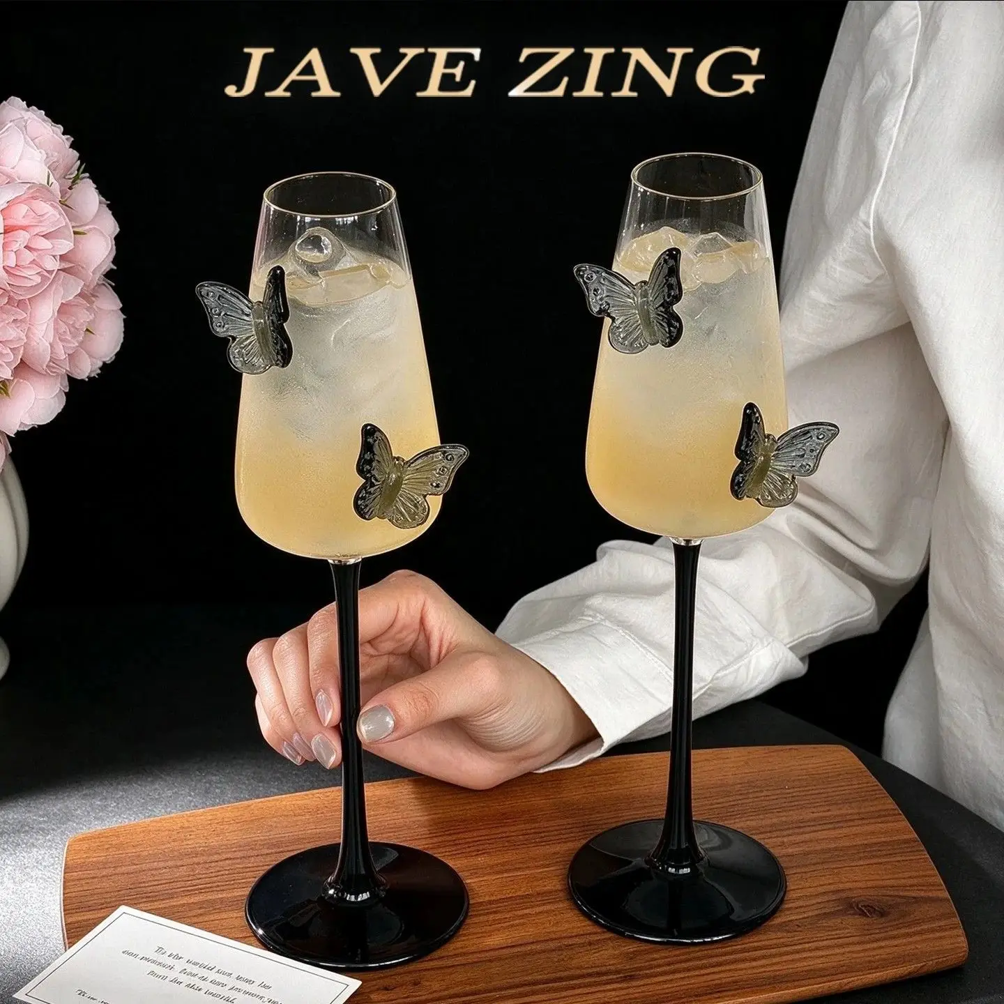 Butterfly Decorated Cocktail Glass 300ml Black Stem Champagne Flute Crystal Goblet Elegant 3D Design Wine for Bar Party Wedding