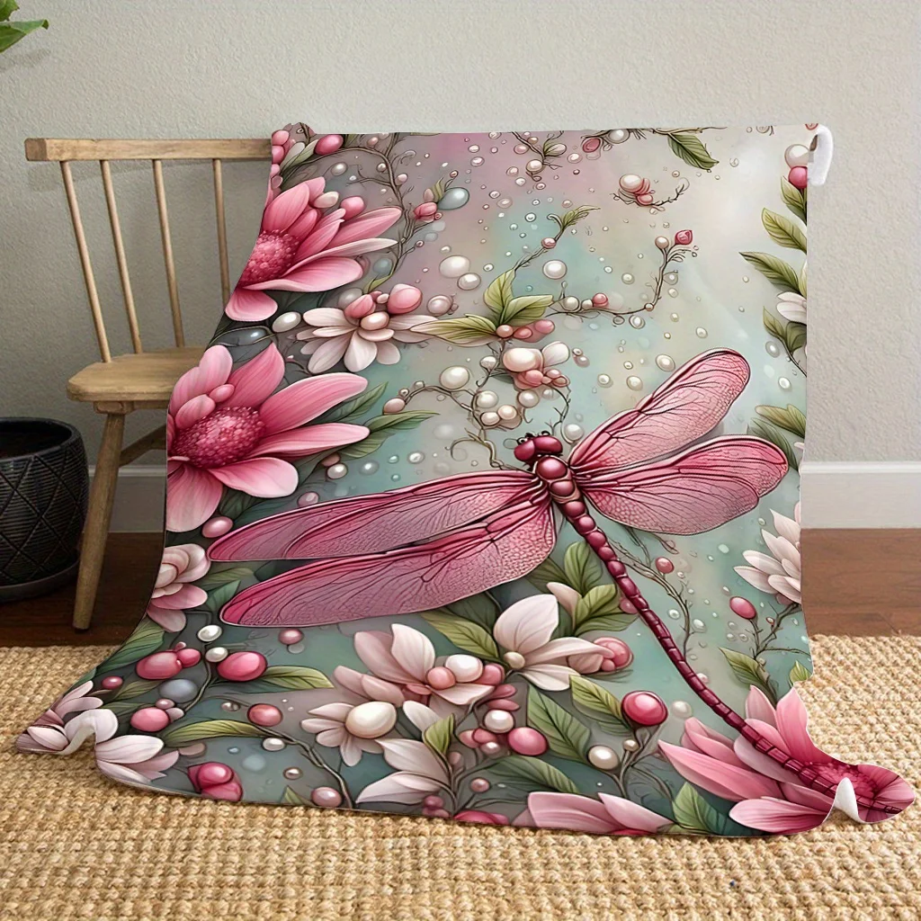A Comfortable Flannel Blanket with Colorful Dragonfly Design, Soft and Cozy for Sofa,, Office, or Travel - All-Season Multifunct