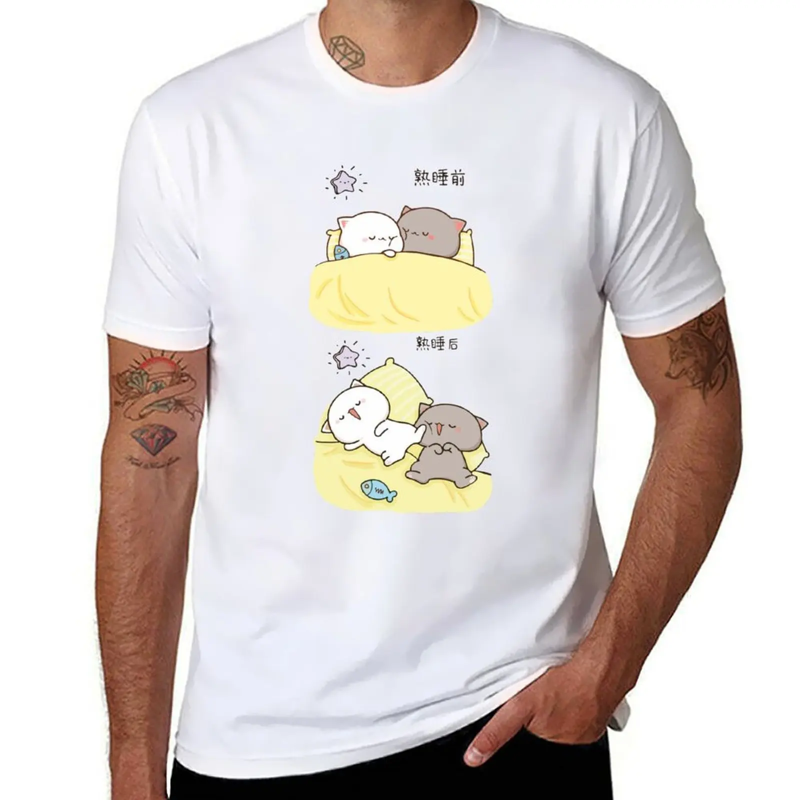 

Peach and Goma Mochi Cat Sleeping T-Shirt t shirts for man graphic funny cotton tshirt 100% T-Shirt