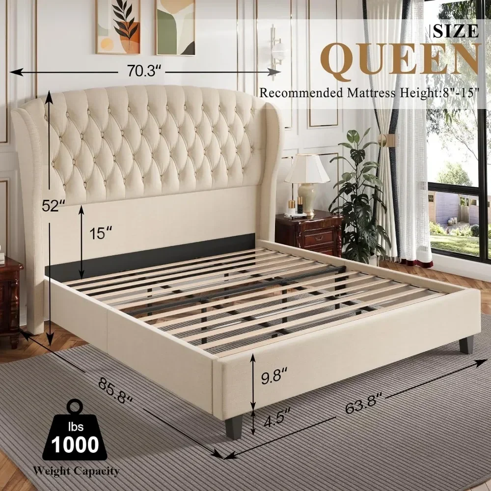 Cadre de lit Queen Size avec plate-forme à oreilles, planche touffetée et sauna, grands lits en lin, cadres de lit, pas besoin de ressort sommier, cadre de lit