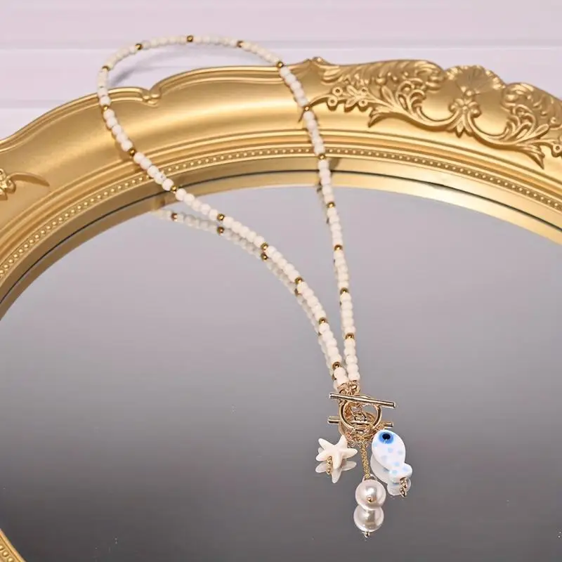 Böhmische, meeresinspirierte Keramik-Fisch-Seestern-Anhänger-Halskette, bunte Perlen, Keramikketten-Armband, Sommer-Ozean-Strand-Schmuck – Detail 7