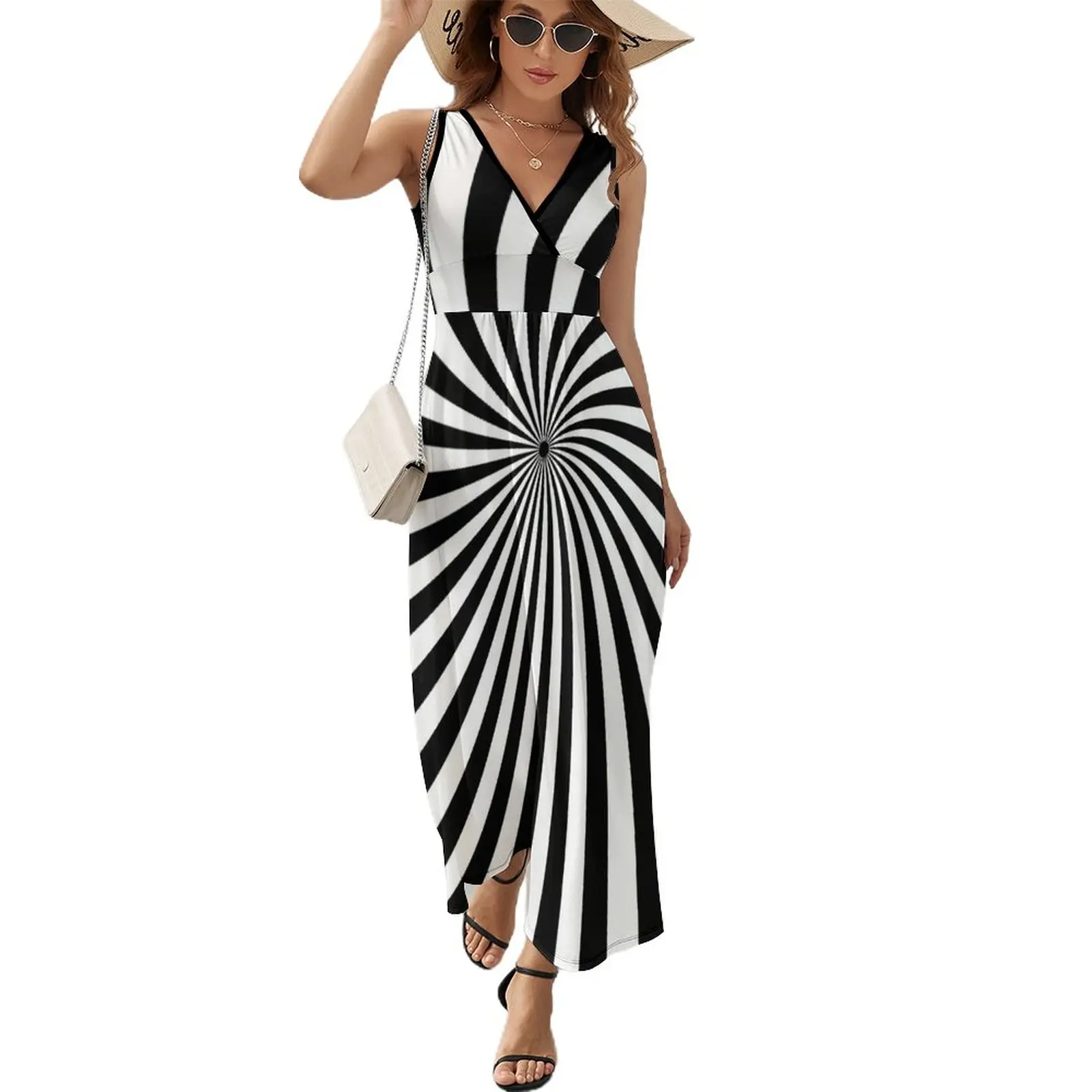 

Retro 60s 70s - Black And White Spiral - Vintage Two Tone Sleeveless Dress Woman clothing