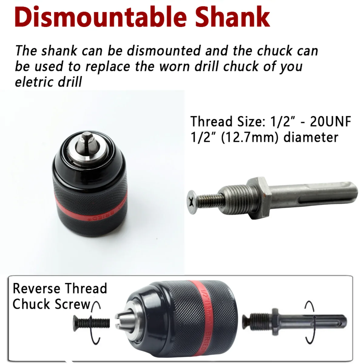 1/2-20UNF2-13mm Keyless Metal Drill Chuck Quick Change Adapter SDS-Plus Shank 1/4\