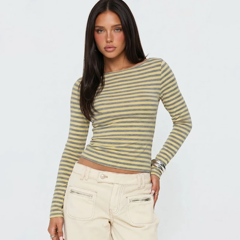 Hugcitar Gestreiftes Farbblock-Langarmshirt, Sexy Slim Fit Crop T-Shirt Top, Herbst Damenmode Kleidung, Streetwear, Party, Club – Detail 22