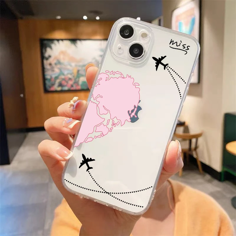 Planes World Map Travel Transparent Phone Case For iPhone 15 14 13 12 11 Pro Max XS X XR SE 7 8 Plus Love Heart Couple Cover