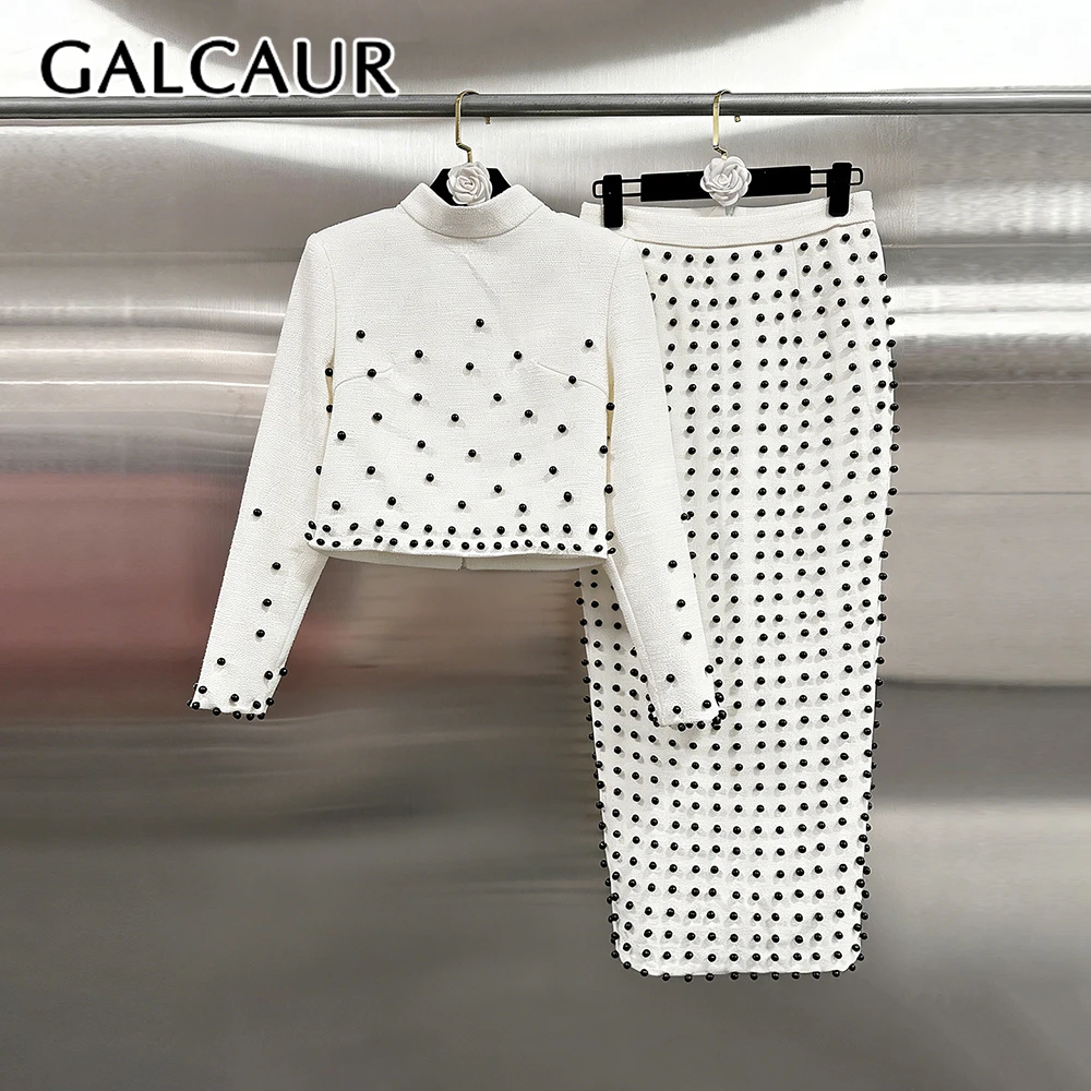 

GALCAUR Solid Spliced Beads Two Piece Set Female Stand Collar Long Sleeve Top French Elegant Women's Skirt Sets Fashion Autumn