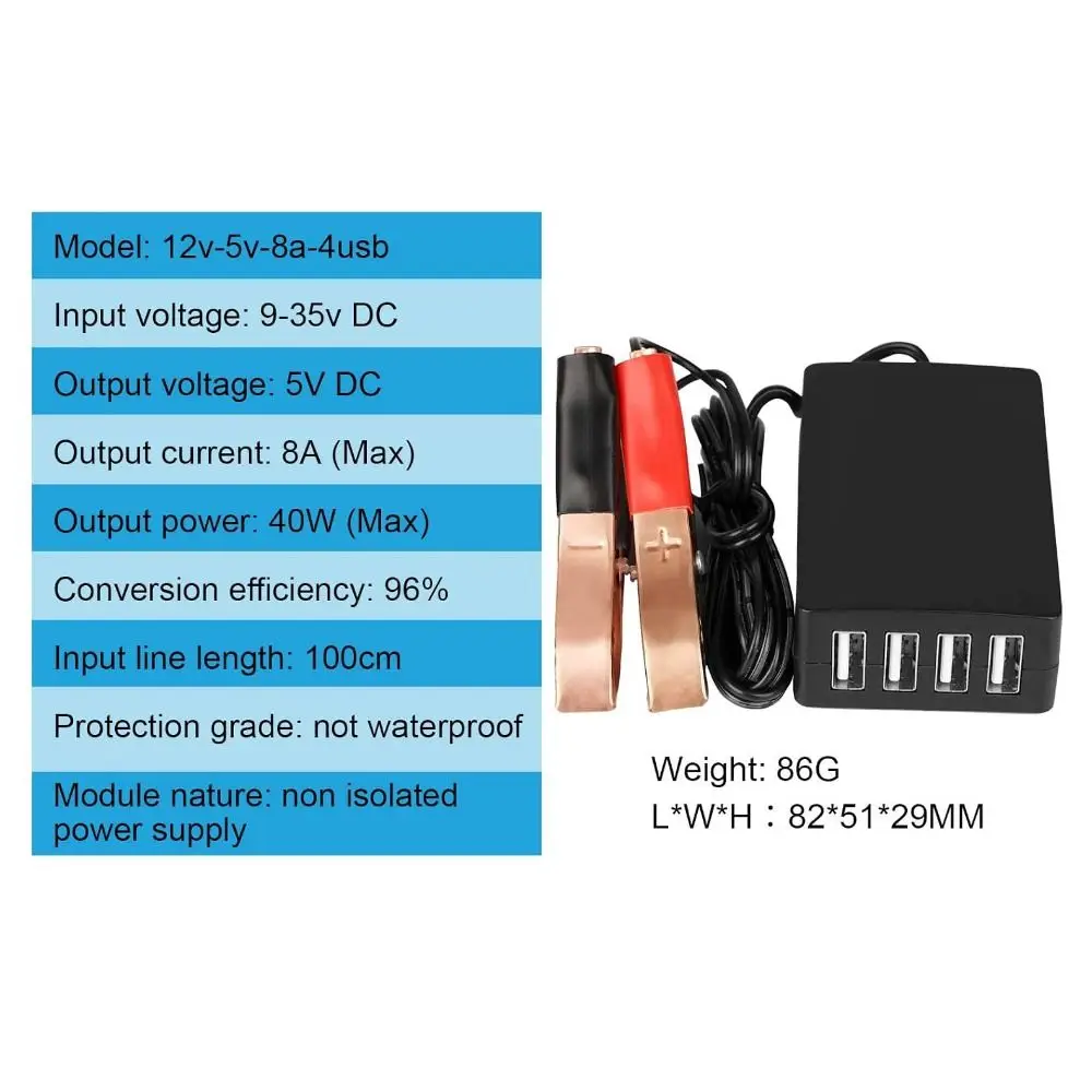 Professional 4Port DC Converter 40W 12V 24V USB Power Adapter with Battery Clip Power Regulator Car Truck