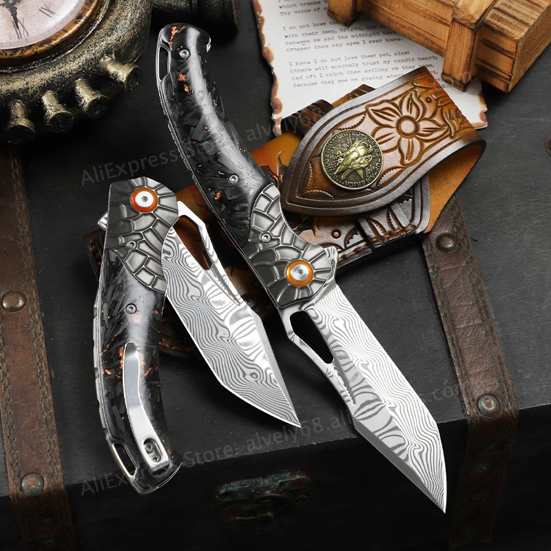 High-quality Damascus steel pocket knife with carbon fibre handle, suitable for outdoor camping,  hiking and EDC utility knife.