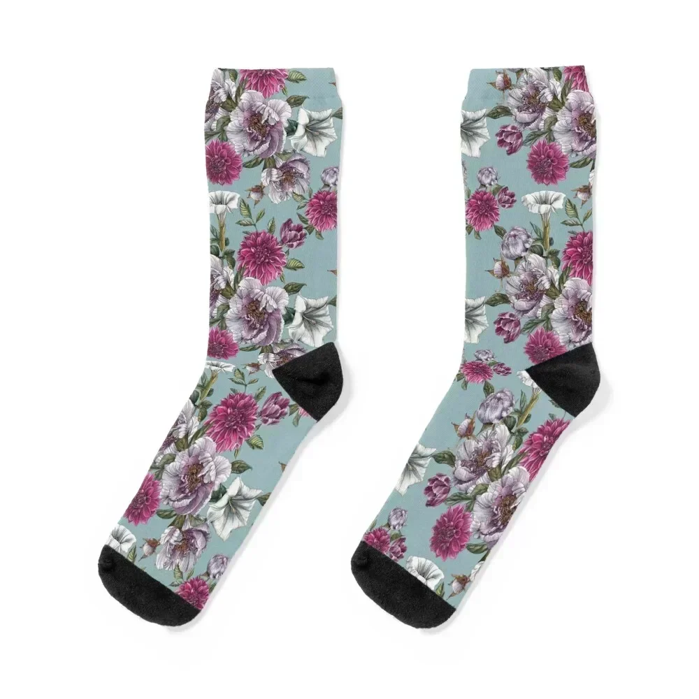 

Peonies and dahlias on blue Socks designer brand floor aesthetic luxe Luxury Woman Socks Men's